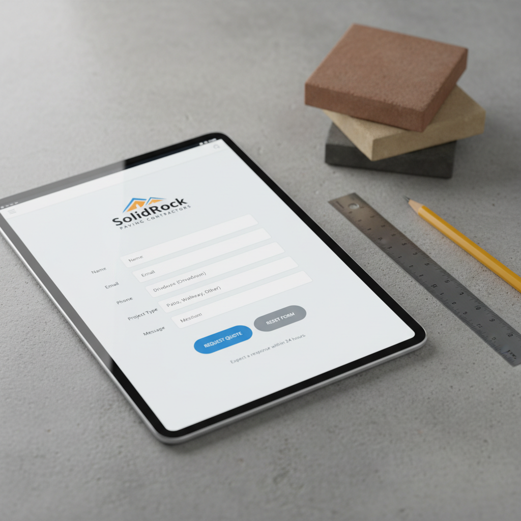 A high-resolution close-up of a tablet lying on a concrete-textured tabletop, showing a quote request form on a professional website for a paving contractor. The form is clean and minimal, with clear labeled fields, large tap-friendly buttons, and a reassuring message about fast responses. Next to the tablet sits a metal ruler, a stack of sample paver tiles in varying earthy tones, and a sharpened carpenter’s pencil, all meticulously arranged. Soft studio lighting from above and slightly to the left creates gentle, defined shadows and subtle reflections on the tablet glass. Captured in photographic realism with a shallow depth of field that blurs the outer edges, the overall mood is confident, straightforward, and optimized for action.