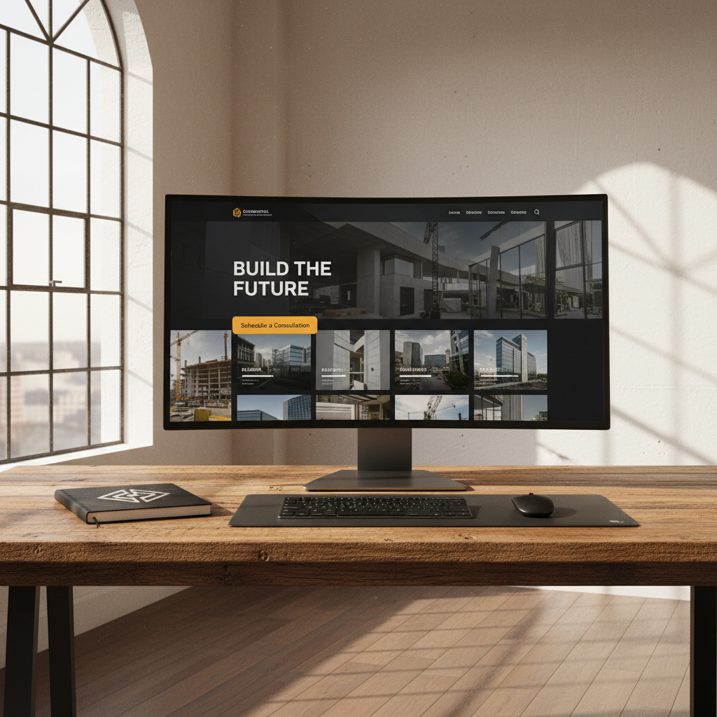 A wide, cinematic view of a large desktop monitor mounted above a thick reclaimed-wood desk, displaying a high-impact hero section for a commercial construction company website: bold typography, rotating project images, and a bright “Schedule a Consultation” button. Below the monitor rests a closed notebook branded with a simple geometric logo and a sleek wireless keyboard and mouse. The room is lit by late afternoon sunlight streaming through a high industrial-style window, adding a warm glow and long, soft shadows on the wall. The photo-realistic composition uses the rule of thirds, with the screen slightly off-center, creating a balanced, modern, and authoritative atmosphere that highlights the power of professional contractor web design.