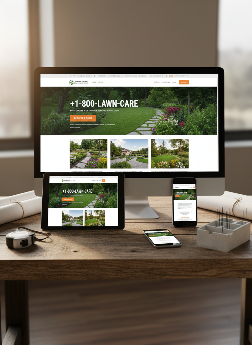 A large desktop monitor on a sturdy wooden workbench-style desk displaying a responsive landscaping company website, with the same layout shown on a smartphone and a tablet propped neatly in front. The website hero section features a bold phone number, a prominent “Request a Quote” button, and high-quality project photos. Surrounding the devices are neatly arranged measuring tape, blueprint rolls, and a small model of a house foundation, subtly tying in the construction theme. Soft afternoon natural light filters in from the side, casting warm highlights on the devices and faint shadows on the desk grain. Shot in photographic realism from a slightly elevated angle with moderate depth of field, the scene feels practical, trustworthy, and conversion-focused.