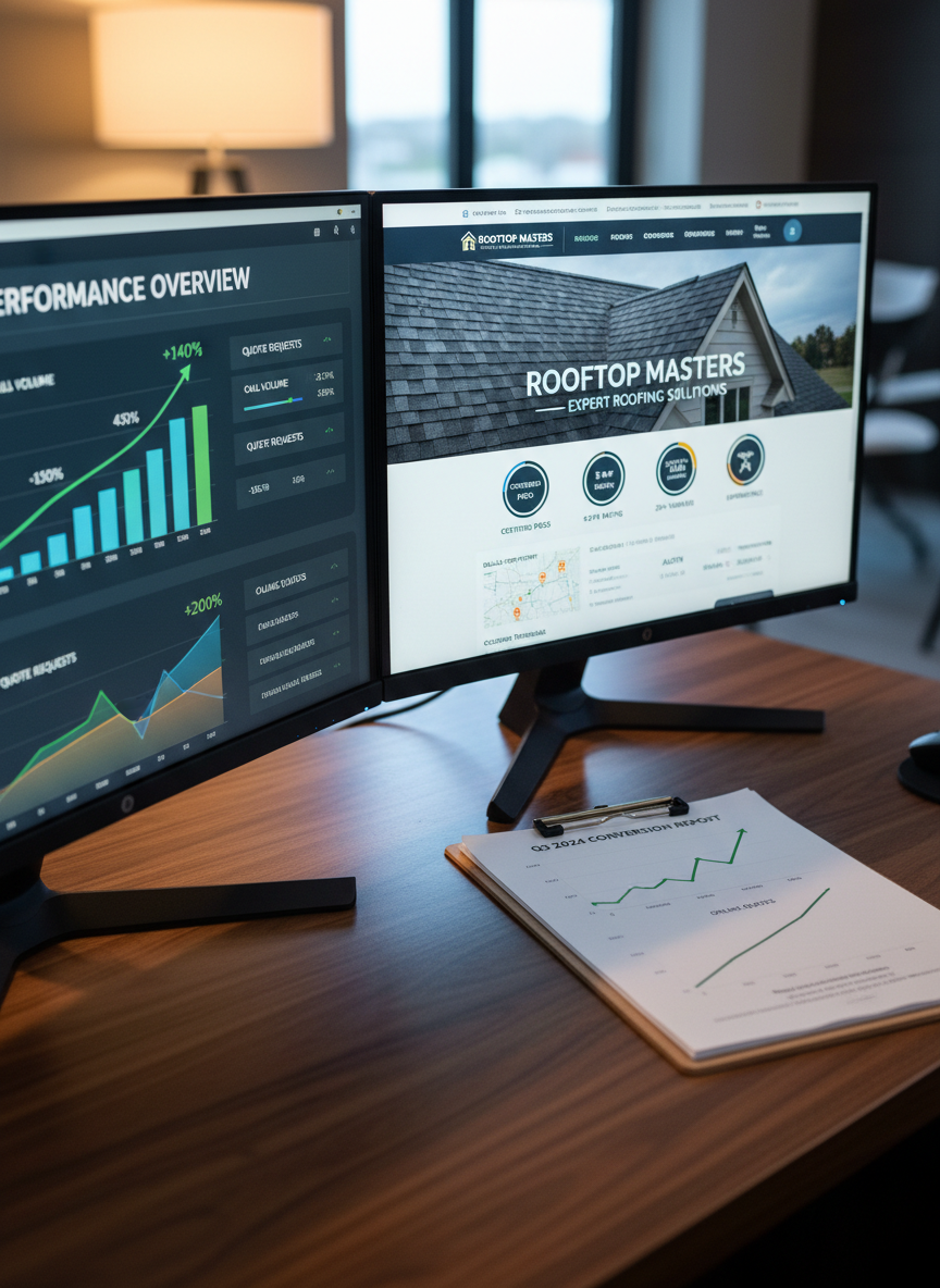 A dual-monitor setup on a dark wood desk, one screen displaying a detailed analytics dashboard with rising call volume and quote request metrics, the other showing the live homepage of a roofing contractor website with prominent trust signals and service areas. Beside the monitors lies a printed conversion report with clearly visible upward-trending charts, neatly clipped together. The room is illuminated by cool-toned monitor glow combined with a subtle warm desk lamp off-frame, creating a balanced, focused lighting effect with soft reflections on the desk surface. Photographic realism at an eye-level angle emphasizes clarity and precision, evoking a data-driven, professional atmosphere that showcases the measurable results of well-built contractor websites.