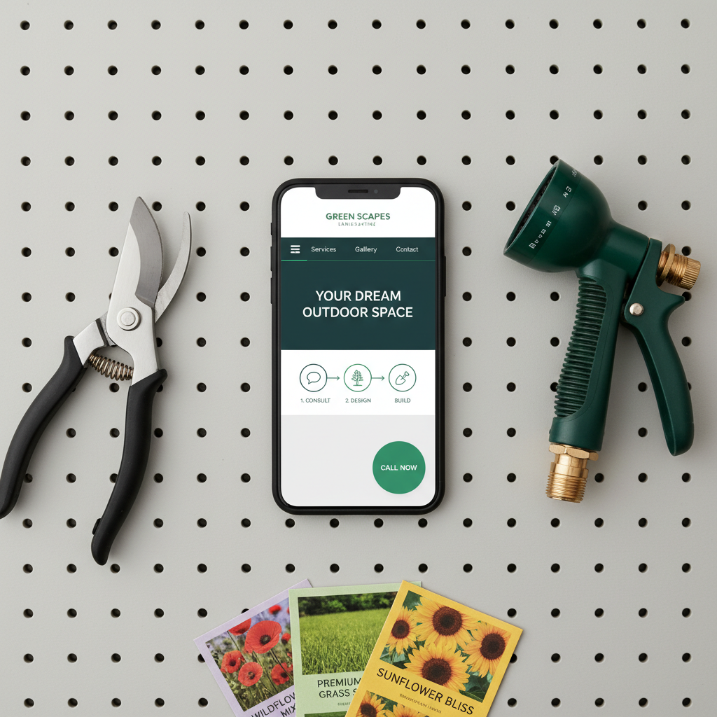 A smartphone placed on a neatly organized pegboard-style work surface, its screen showing a mobile-optimized website for a residential landscaping company with thumb-friendly navigation, a sticky call button, and a simple three-step process graphic. Around the phone are carefully arranged tools associated with outdoor work: stainless steel pruning shears, a coiled green hose nozzle, and a small stack of seed packets with vivid labels. Overhead softbox lighting creates even, diffused illumination, minimizing harsh reflections and giving a crisp, photographic realism to every texture from rubber to metal. Shot directly from above in a flat-lay style, the composition feels modern, professional, and optimized for contractors who rely heavily on phone calls and on-the-go customers.